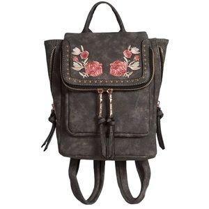 Grey Faux Leather Embroidered Floral Mini Backpack